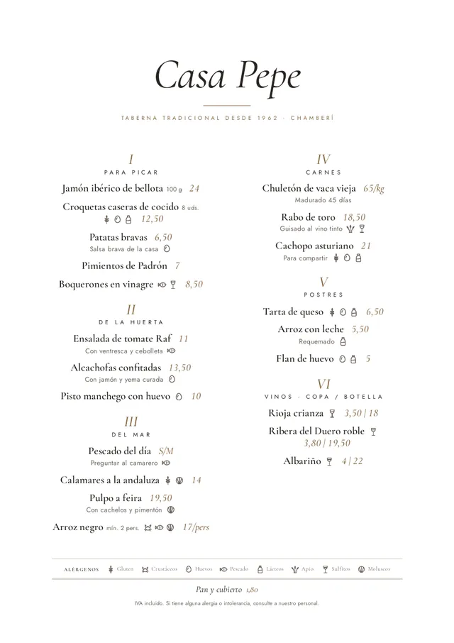 Carta de restaurante con iconos de alérgenos junto a cada plato y leyenda al pie