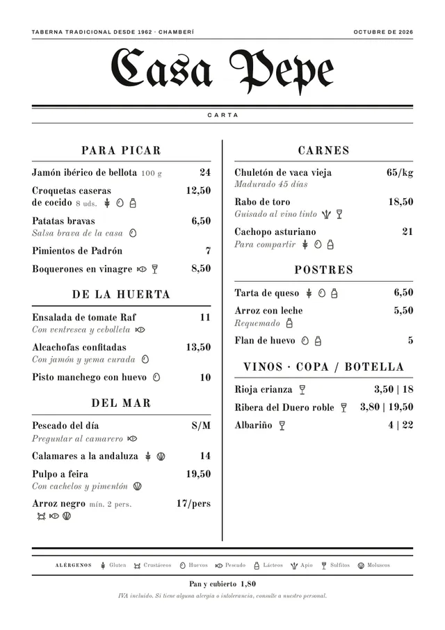 Carta de restaurante con los iconos de alérgenos junto a cada plato