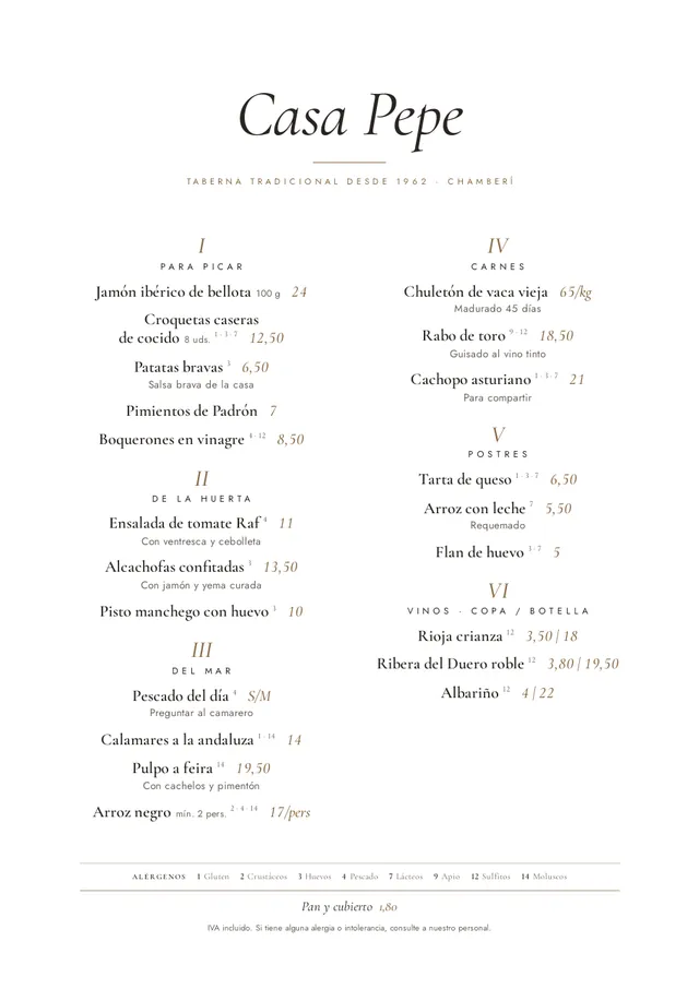 Carta de restaurante con los alérgenos indicados con números y leyenda numerada al pie