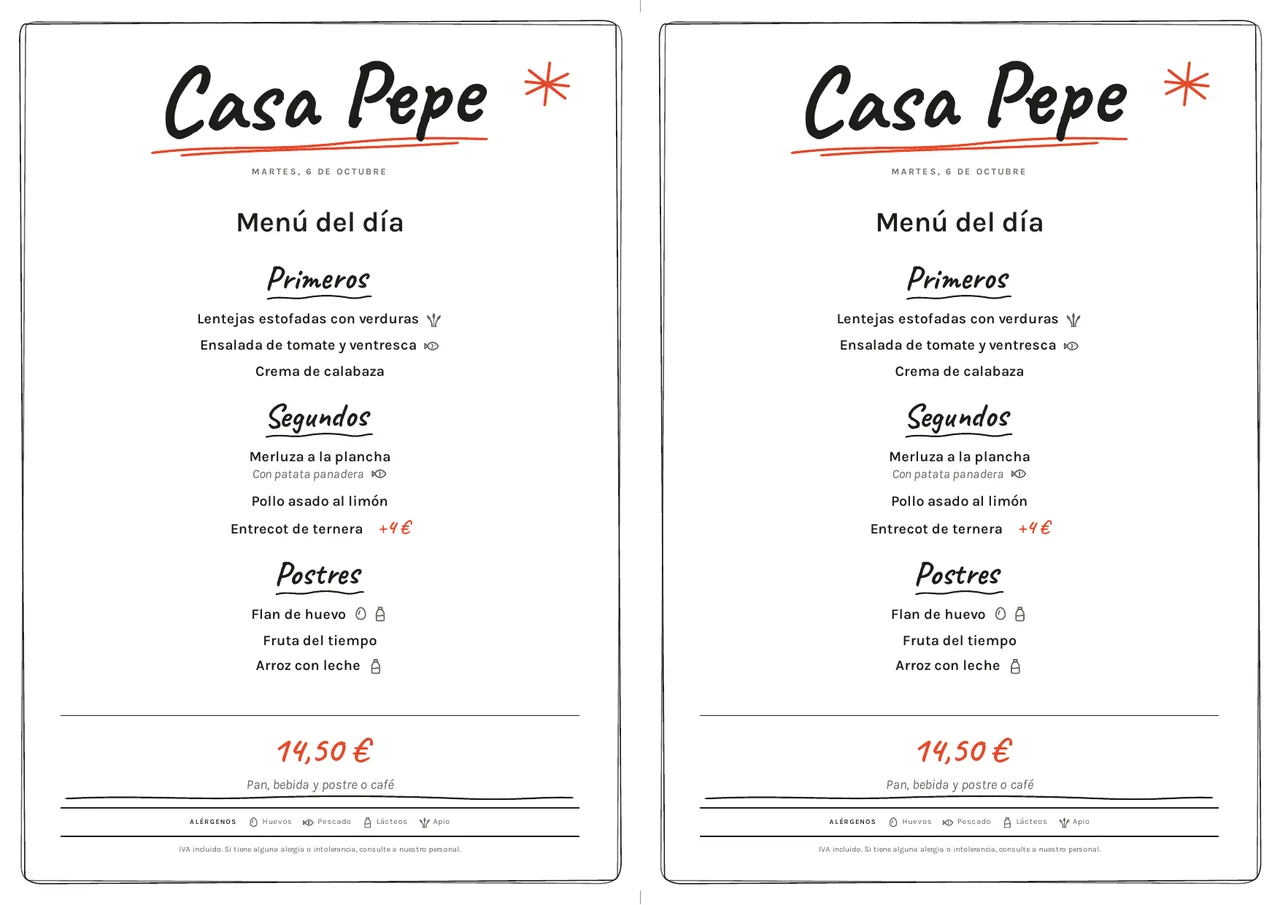 Menú del día dos veces en un folio apaisado, con marca de corte