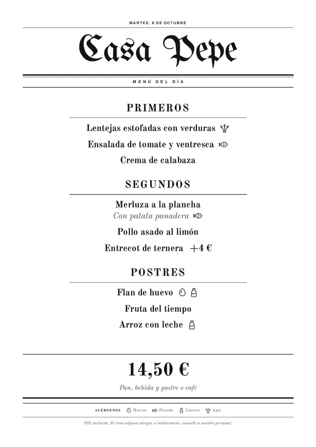 Menú del día en estilo Gaceta, como la cabecera de un periódico