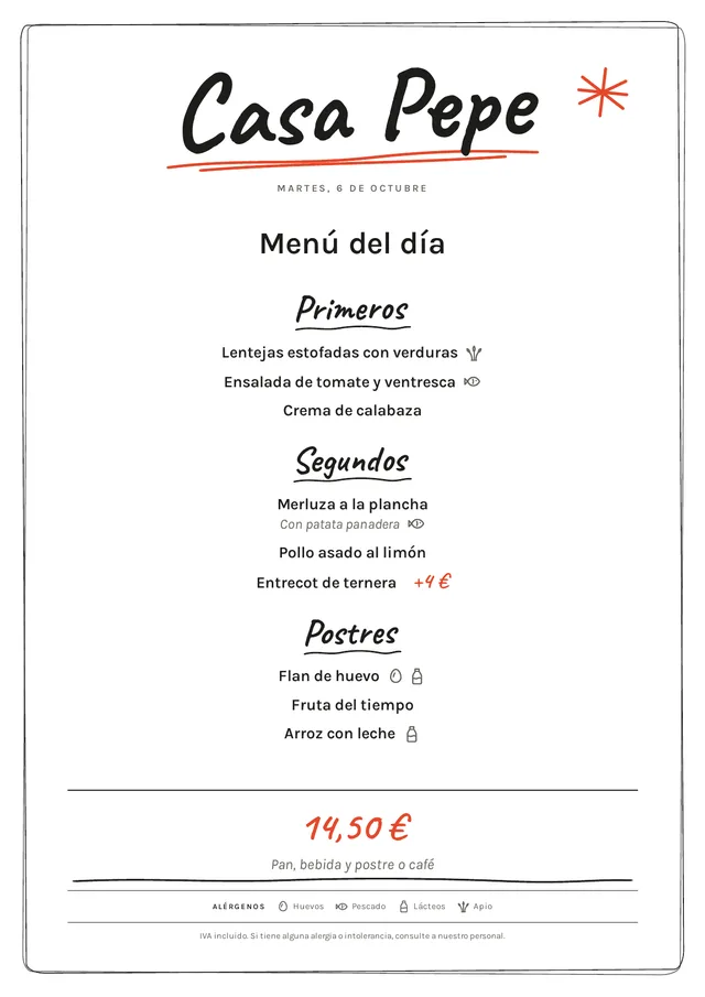 Menú del día en estilo Pizarra, con títulos a mano