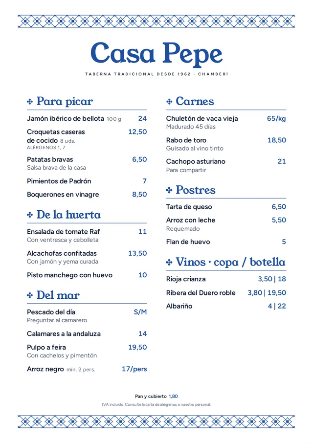 Carta de restaurante de ejemplo en estilo Azulejo
