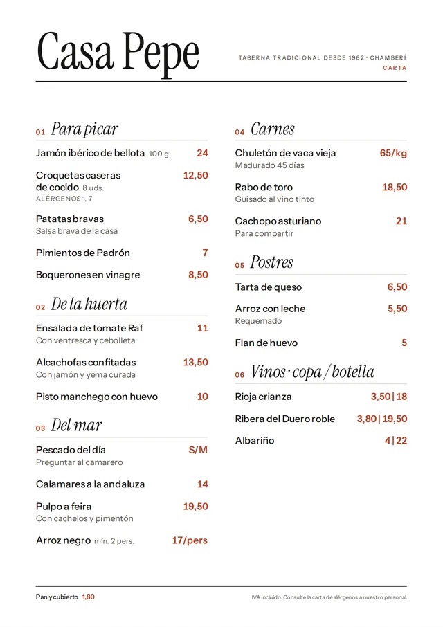 Carta de restaurante de ejemplo en estilo Barra