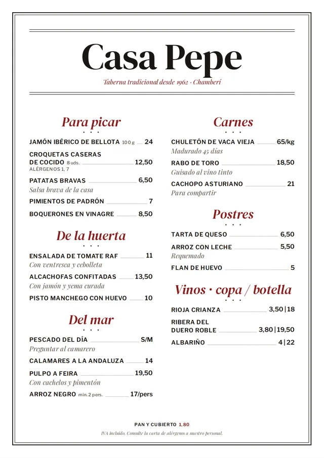 Carta de restaurante de ejemplo en estilo Brasserie