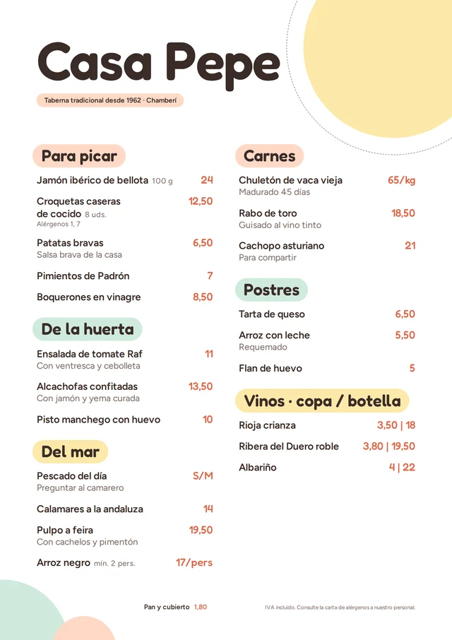 Carta de restaurante de ejemplo en estilo Brunch