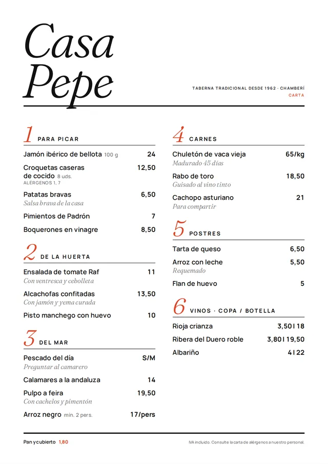 Carta de restaurante de ejemplo en estilo Editorial