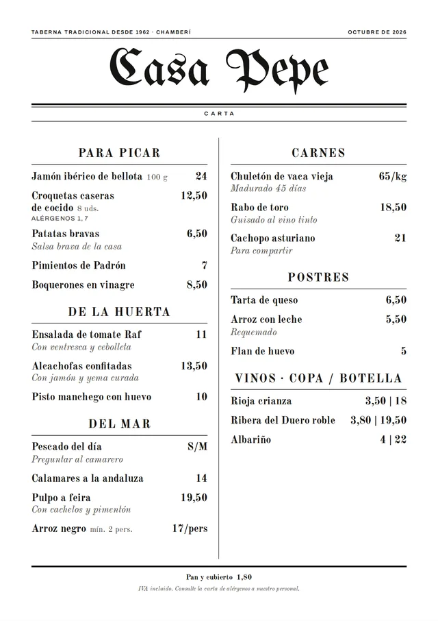 Carta de restaurante de ejemplo en estilo Gaceta