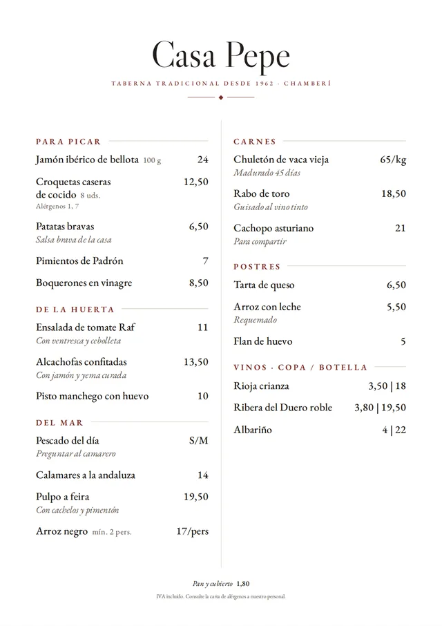 Carta de restaurante de ejemplo en estilo Mantel