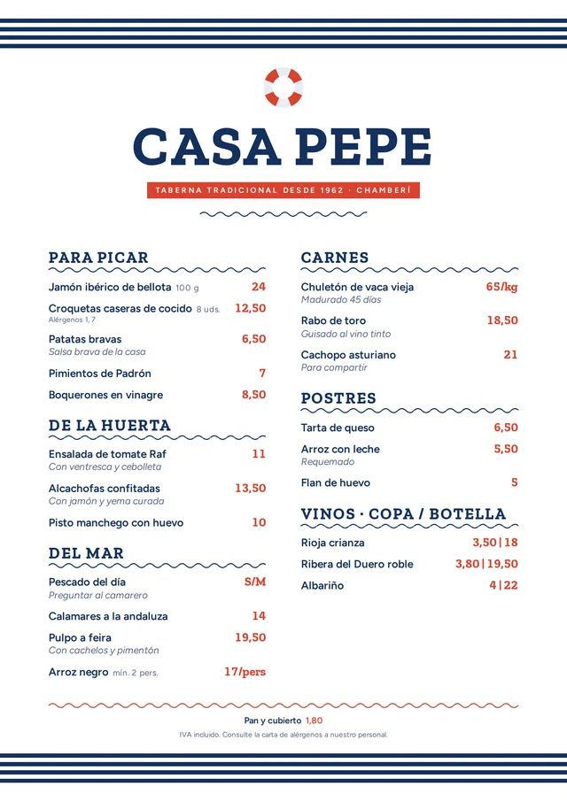 Carta de restaurante de ejemplo en estilo Marinero