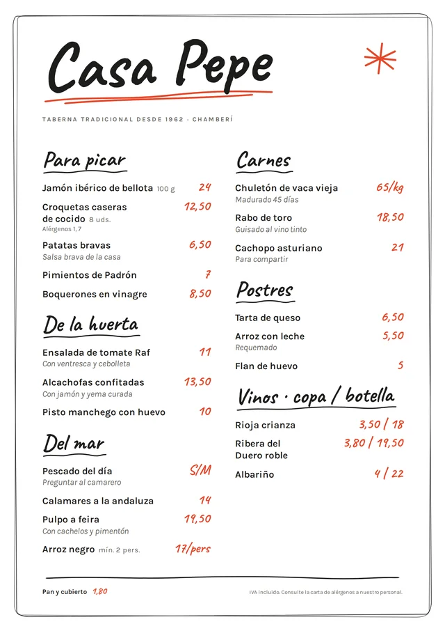 Carta de restaurante de ejemplo en estilo Pizarra