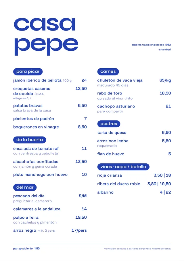 Carta de Casa Pepe maquetada en estilo Riviera