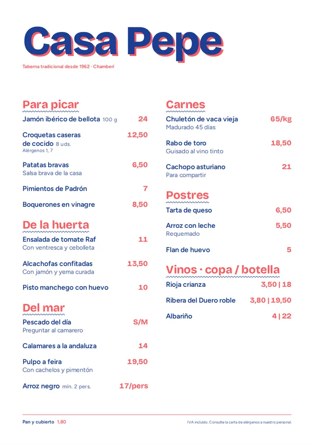 Carta de restaurante de ejemplo en estilo Serigrafía