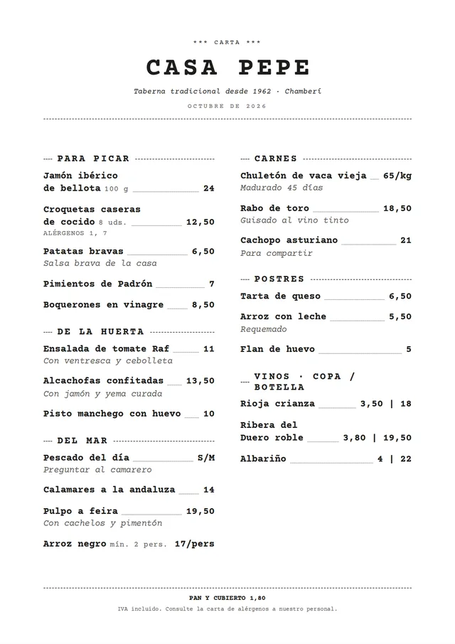 Carta de restaurante de ejemplo en estilo Ticket