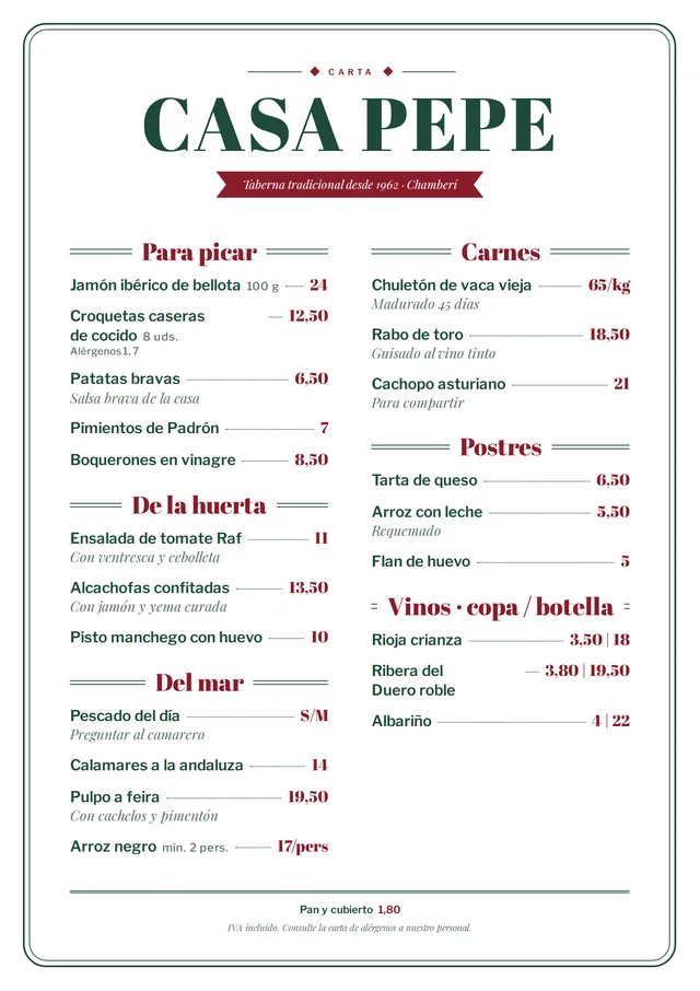 Carta de restaurante de ejemplo en estilo Vermut