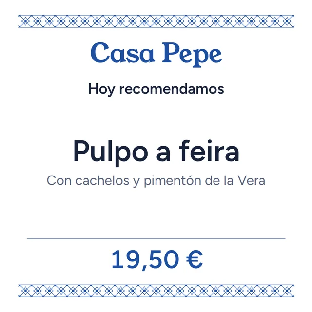 Imagen cuadrada con un plato en grande, su descripción y su precio